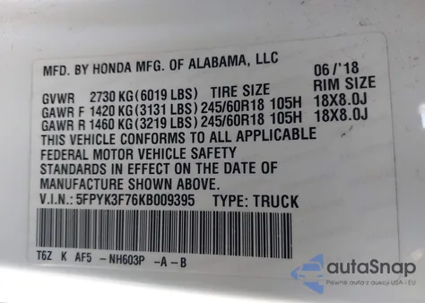 2019 Honda Ridgeline Rtl-E from USA, damaged, VIN 5FPYK3F76KB009395